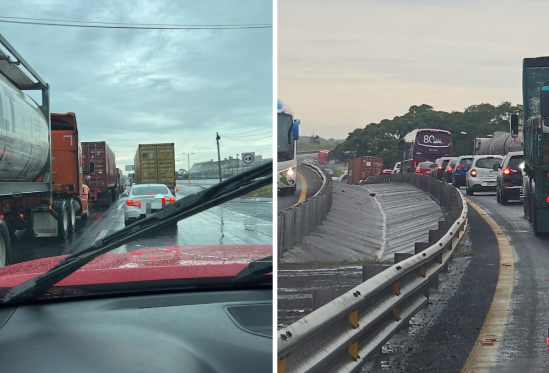 Caos vial en autopista Veracruz – Cardel; conductores esperan más de una hora para avanzar entre obra y lluvias