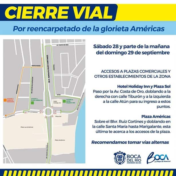 Estas son las rutas de acceso a plazas comerciales por cierre vial en la Glorieta Américas en Boca del Río