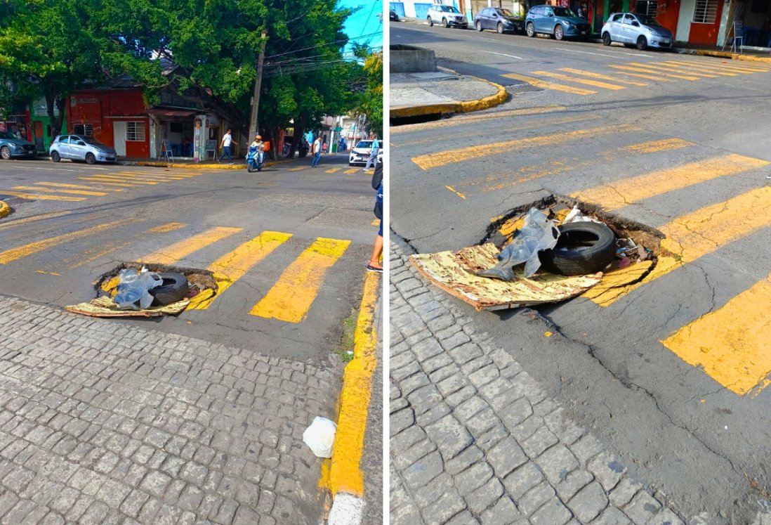 Comerciantes de Veracruz piden atención urgente por alcantarilla abierta en la avenida Hidalgo