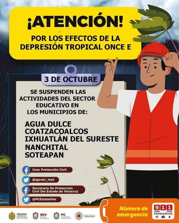 Por Depresión Tropical 11, SEV confirma suspensión de clases este jueves en el sur de Veracruz