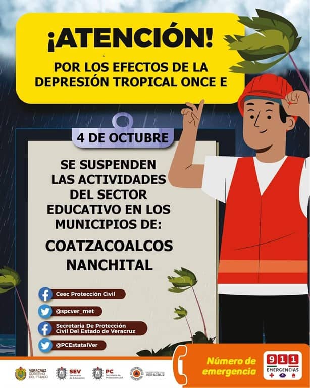 Depresión Tropical Once E: suspenden clases para este viernes en Coatzacoalcos y Nanchital