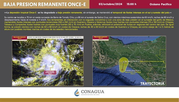 Depresión tropical Once-E se degrada, pero continuarán las lluvias en Veracruz; conoce su trayectoria