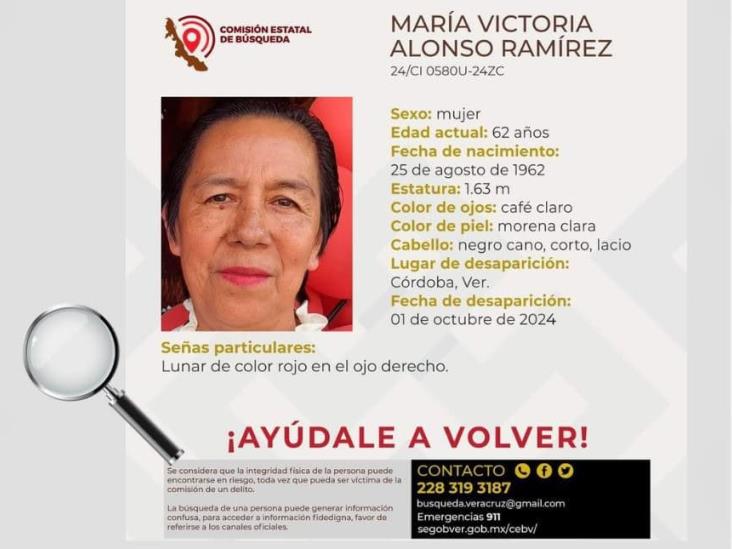 Reportan cómo desaparecida a mujer de 62 años de Córdoba