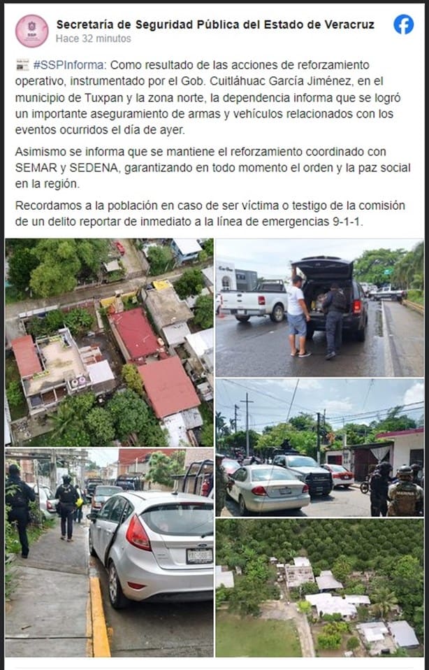 Tras enfrentamientos, asegura SSP Veracruz armas y vehículos en Tuxpan