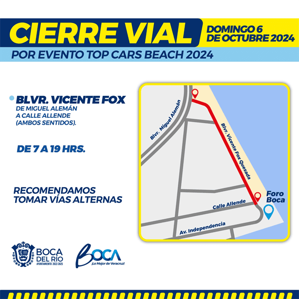 Anuncian cierre vial del bulevar Vicente Fox de Boca del Río este domingo 6 de octubre