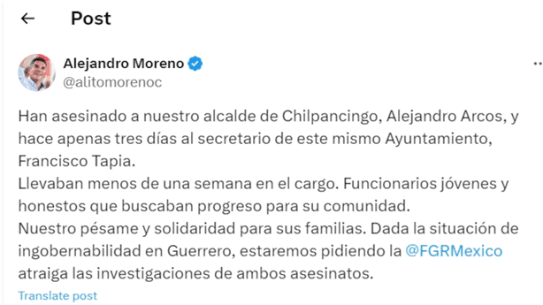 Asesinan a Alejandro Arcos, alcalde de Chilpancingo, Guerrero a una semana de tomar el cargo