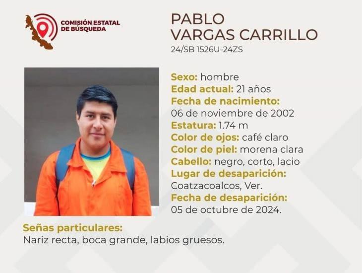 Buscan en Coatzacoalcos a Pablo Vargas está desparecido desde el 5 de octubre