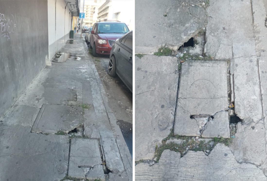 Advierten de banquetas destrozadas en pleno Centro Histórico de Veracruz