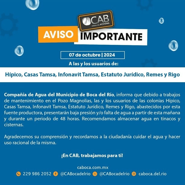 Estas colonias de Boca del Río continúan sin agua este martes 8 de octubre