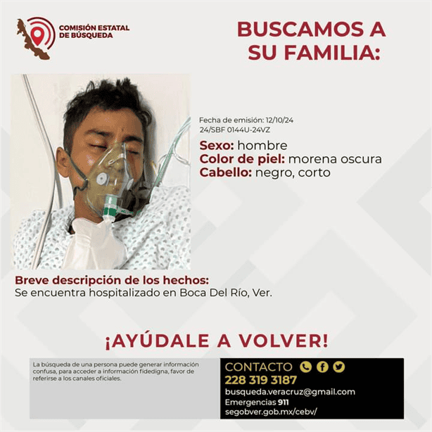 Buscan a familiares de joven hospitalizado en Boca del Río