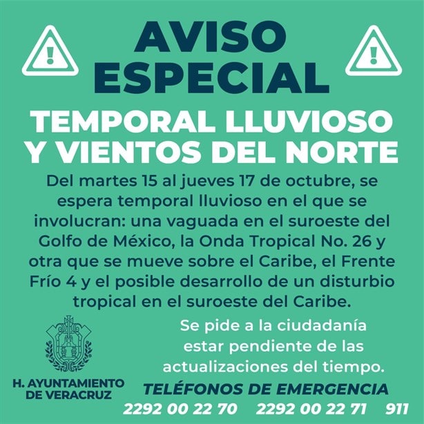 Aviso Especial por temporal lluvioso y vientos del norte en el Puerto de Veracruz