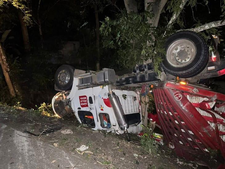 Tractocamión con pollos vuelca en Atoyac y el conductor termina lesionado