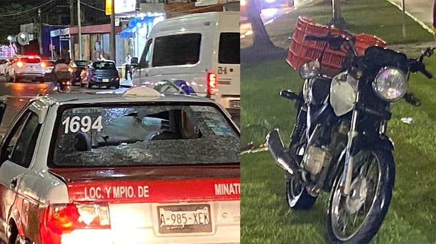 Se registra aparatoso choque de un motociclista contra un taxi