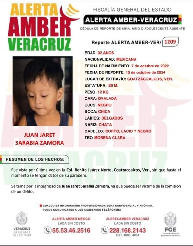 Activan alerta amber por caso de menor secuestrado en Coatzacoalcos