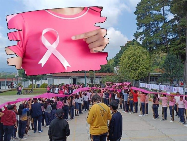 En escuela de Xalapa forman lazo rosa humano contra el cáncer de mama