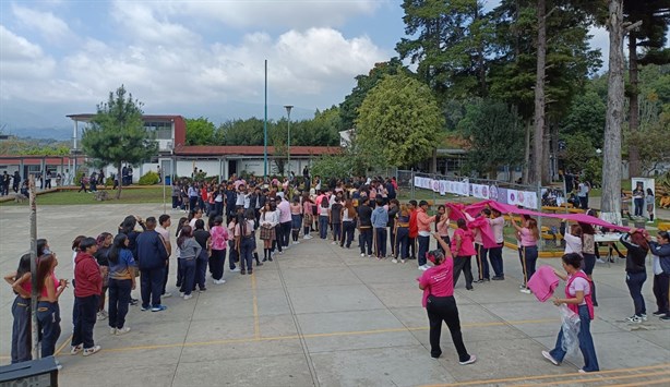 En escuela de Xalapa forman lazo rosa humano contra el cáncer de mama