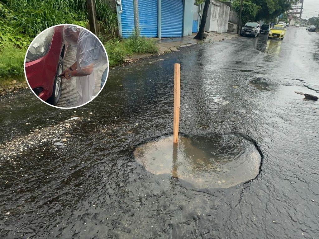 Autos terminan ponchados por grandes baches en esta colonia de Coatzacoalcos | VIDEO