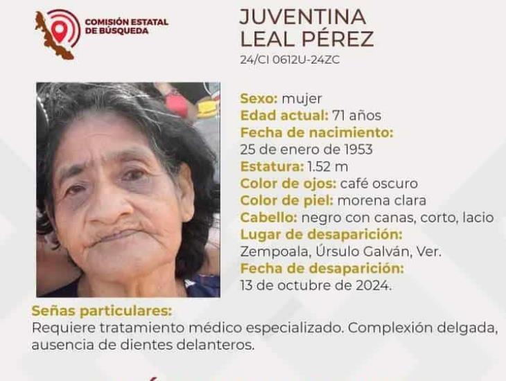 Buscan a Juventina de 71 años, desapareció en Cempoala, Veracruz