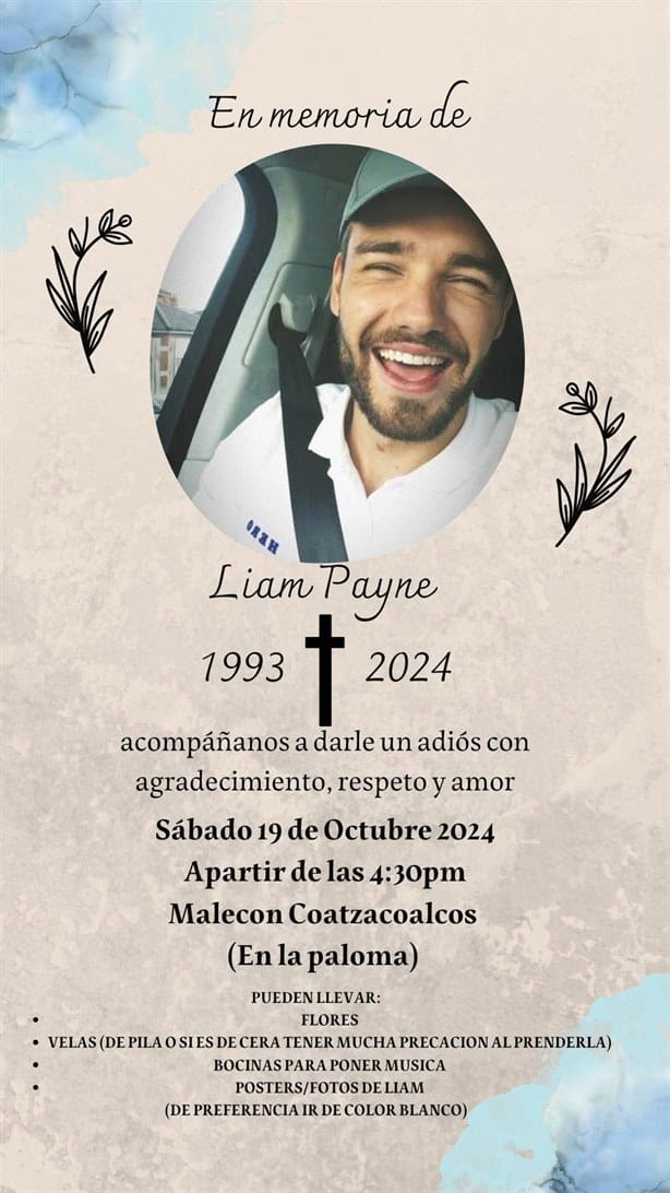 Convocan a rezo en memoria de Liam Payne en Coatzacoalcos; ¿cuándo, y a qué hora?