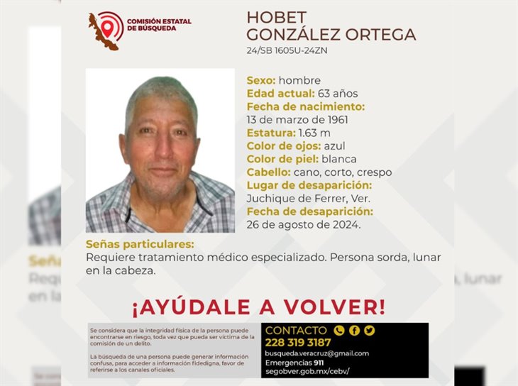 Se busca: Hobet, de 63 años, está desaparecido en Juchique 