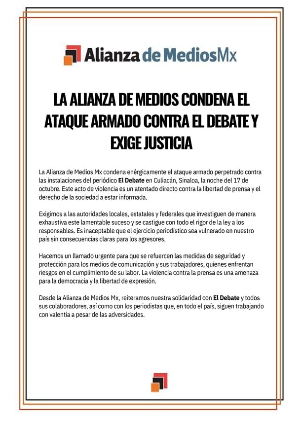 La alianza de medios condena el ataque armado contra El Debate y exige justicia