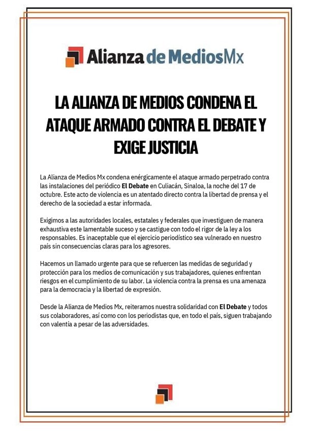 Alianza de Medios Mx exige justicia tras ataque armado contra El Debate en Sinaloa