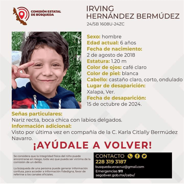 Buscan a Irving Hernández Bermúdez de 6 años, desaparecido el 15 de octubre en Xalapa