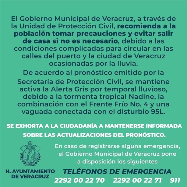 Ayuntamiento de Veracruz pide a población no salir de casa en caso de no ser necesario por fuertes lluvias