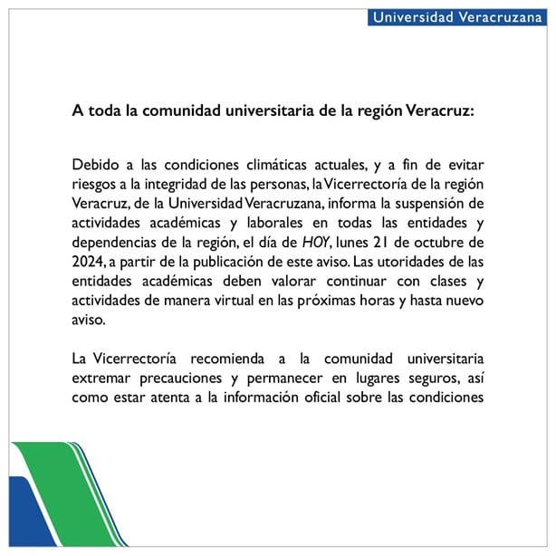 Suspenden clases presenciales en la UV por intensas lluvias en Veracruz y Boca del Río