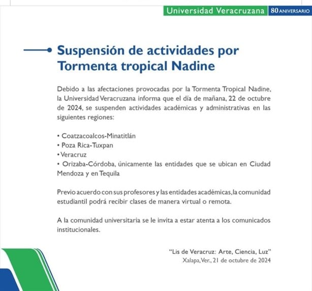 UV extiende su suspensión de clases presenciales en Veracruz y Boca del Río