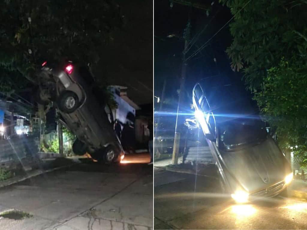 Camioneta termina entre cableado en Ixhuatlán, ¿cómo llegó ahí?