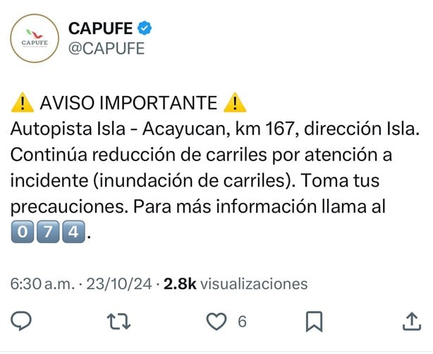 CAPUFE reporta 10 km de fila en este tramo carretero del sur; ¿la autopista sigue inundada?