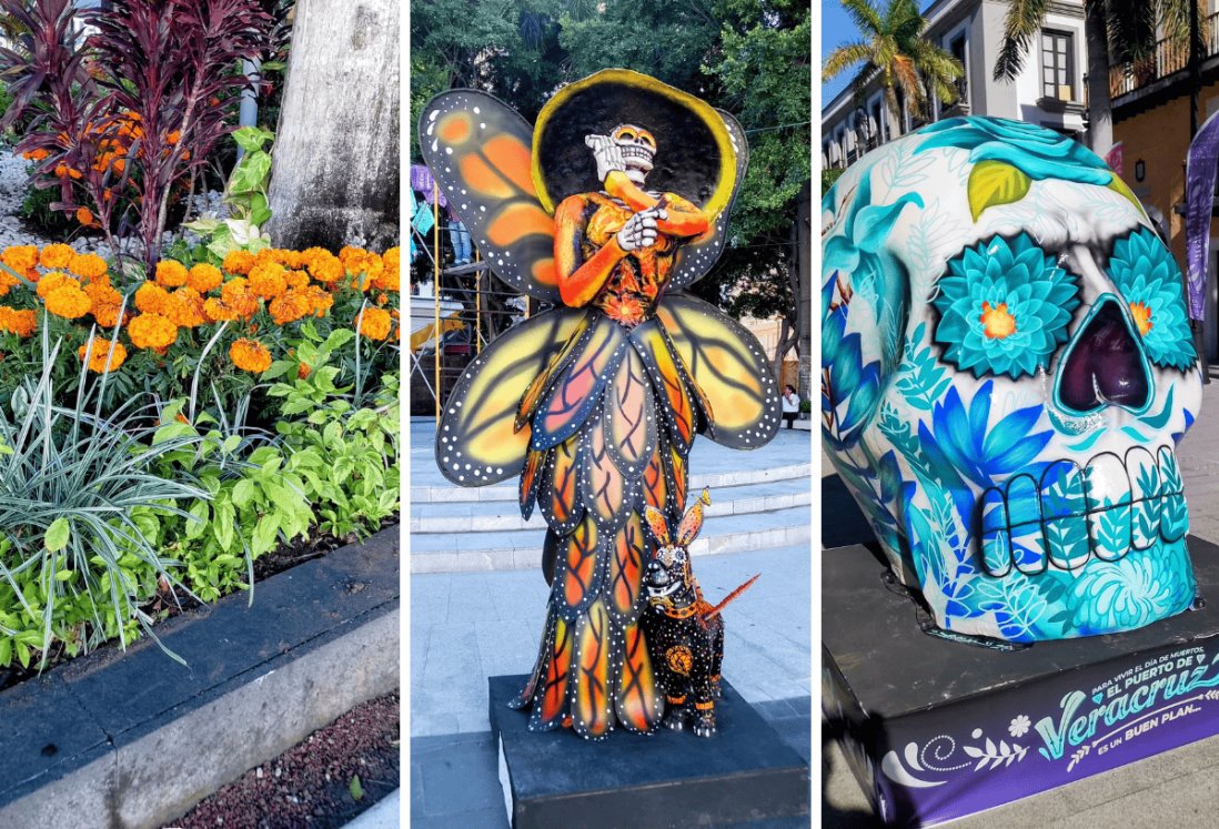 Zócalo de Veracruz es adornado con flores de cempasúchil y una catrina