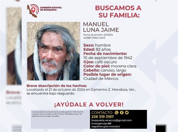 Buscan a familiares de Manuel, de 82 años, está desaparecido en Camerino Mendoza