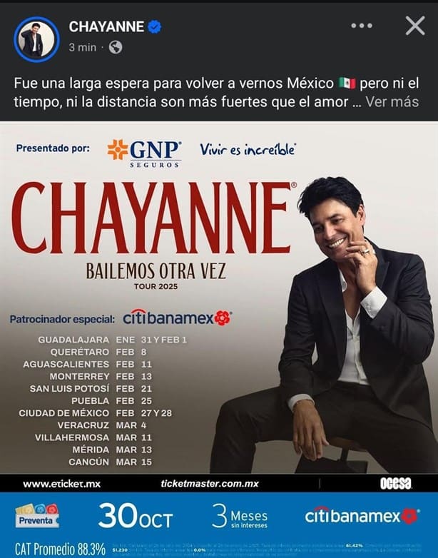 Anuncian fecha del concierto de Chayanne en Veracruz; esto podrían costar los boletos