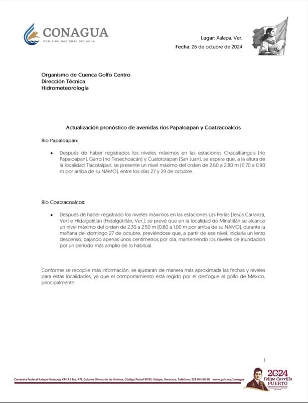 Alerta Conagua que nivel del río Papaloapan en Tlacotalpan pude superar los 2.80 metros