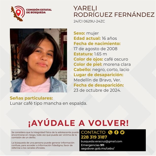 Buscan a Yareli Rodríguez de 16 años desaparecida en Medellín de Bravo