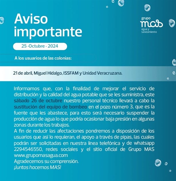 Por esta razón 4 colonias de Veracruz no tienen agua potable este sábado 26 de octubre