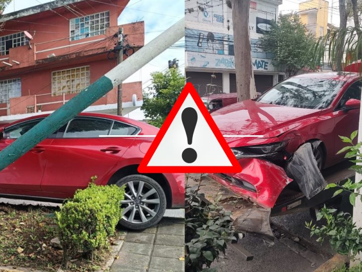 Choque en Xalapa: Auto derriba poste y deja semáforo inservible