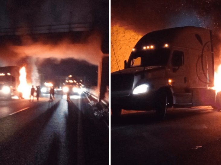 Aparatoso incendio de tractocamión con carga de maiz en el Puente de Las Sillas