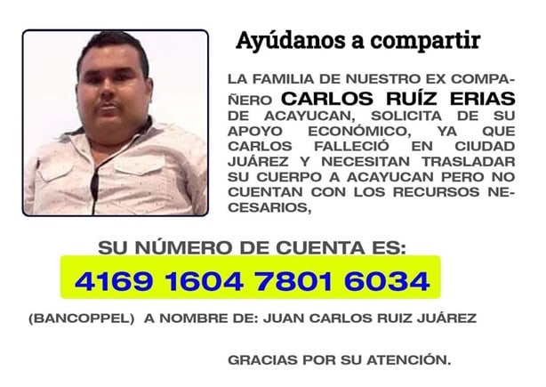 Consterna asesinato de acayuqueño Carlos Erias en Ciudad Juárez, familia pide apoyo