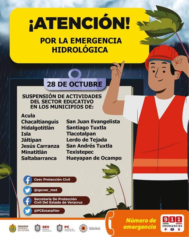 Por desbordamiento de ríos, no hay clases este lunes en 15 municipios de Veracruz ¿cuáles son?