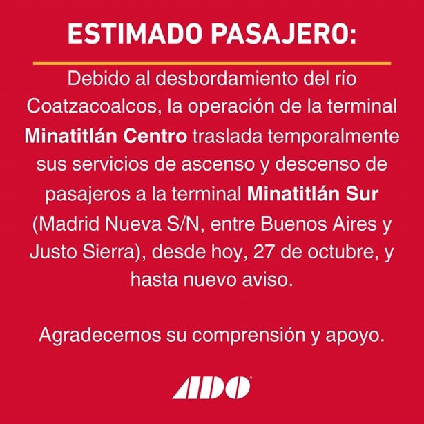 Por desbordamiento del río Coatzacoalcos, esta terminal de Minatitlán modifica servicios