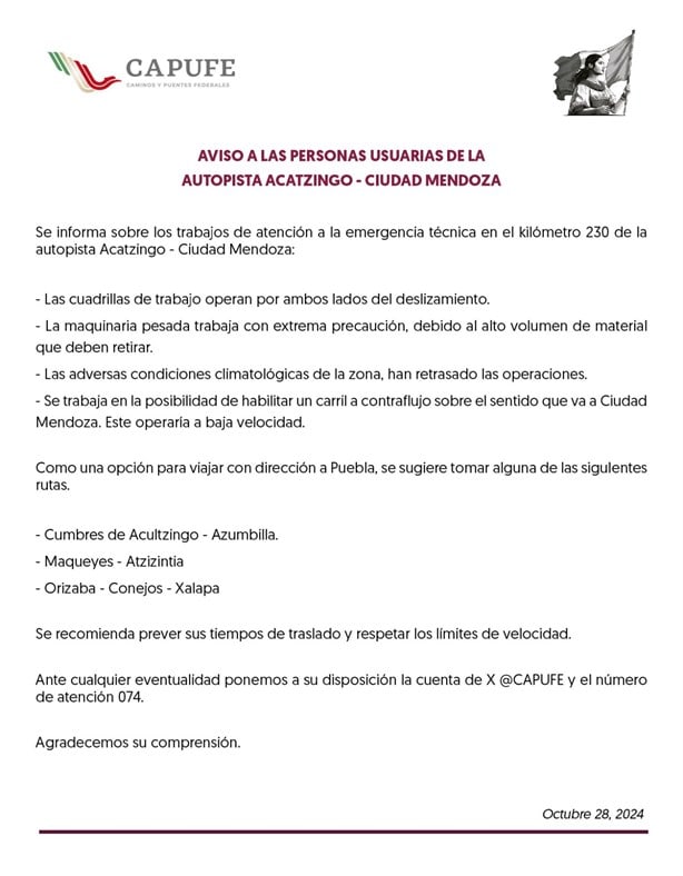 ¡Toma rutas alternas! Trabaja Capufe para reabrir la autopista Puebla-Orizaba