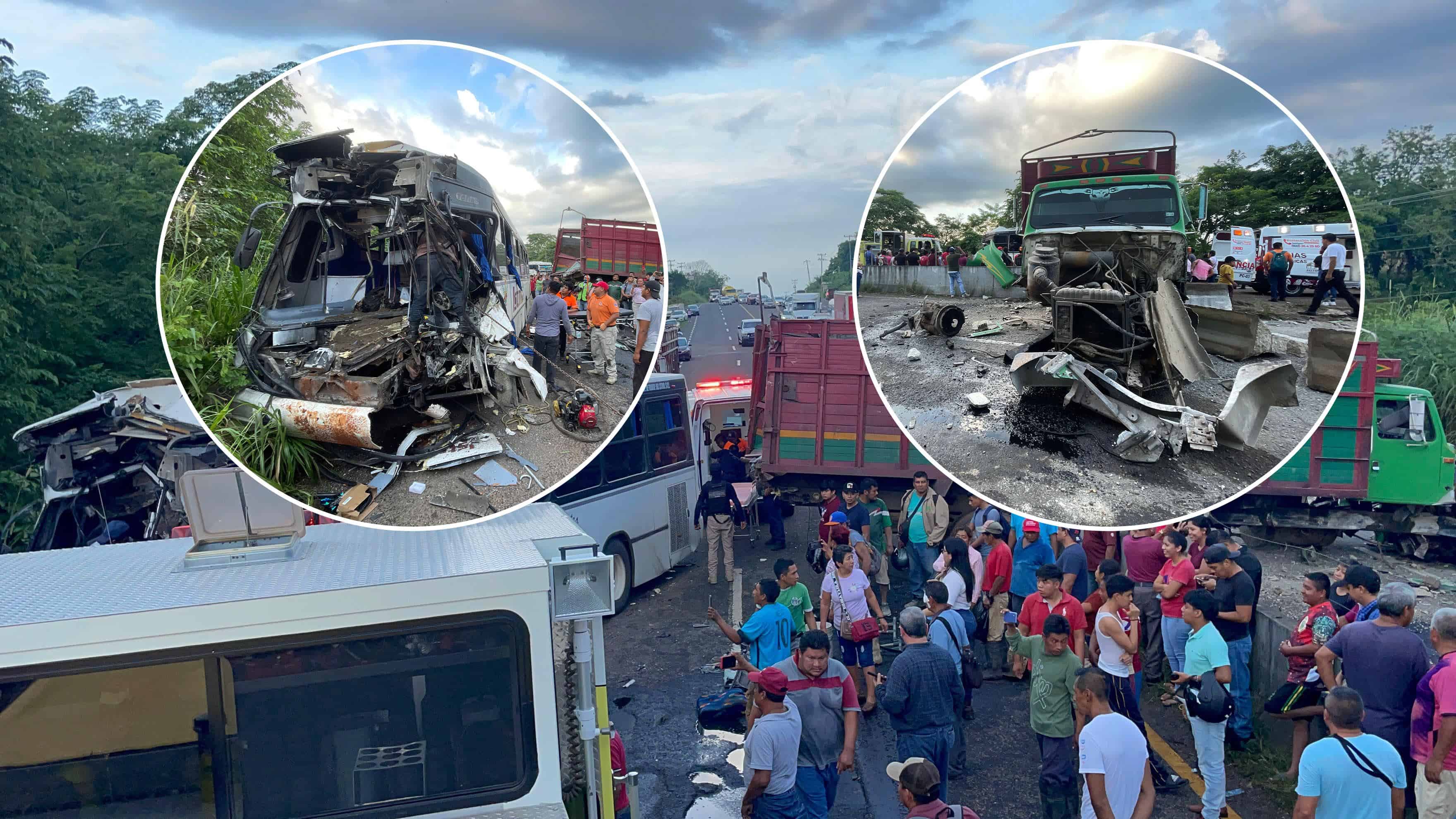 Colisionan autobús y tractocamión en tramo Jáltipan-Acayucan; rescatan a 5 personas prensadas | VIDEO