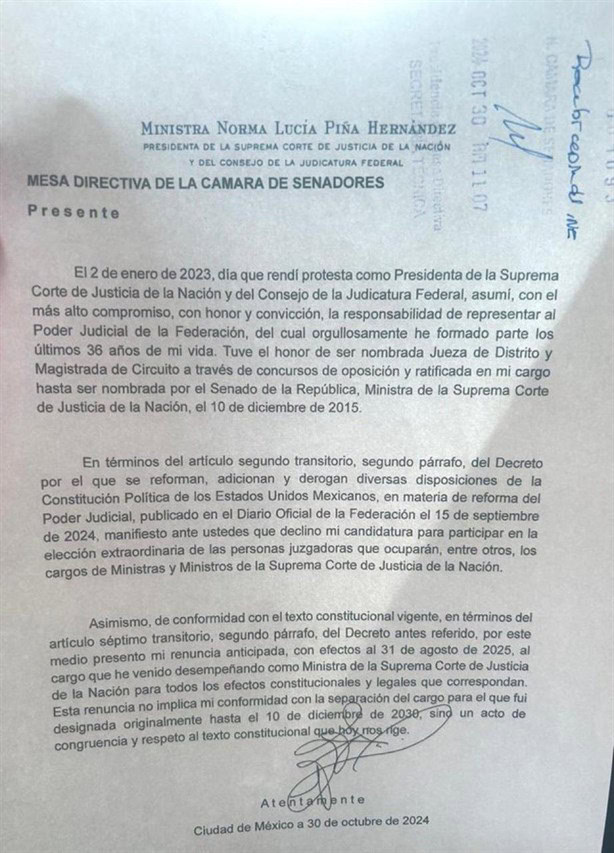 Renuncia Norma Piña a cargo como ministra de la SCJN; no participará en elección judicial