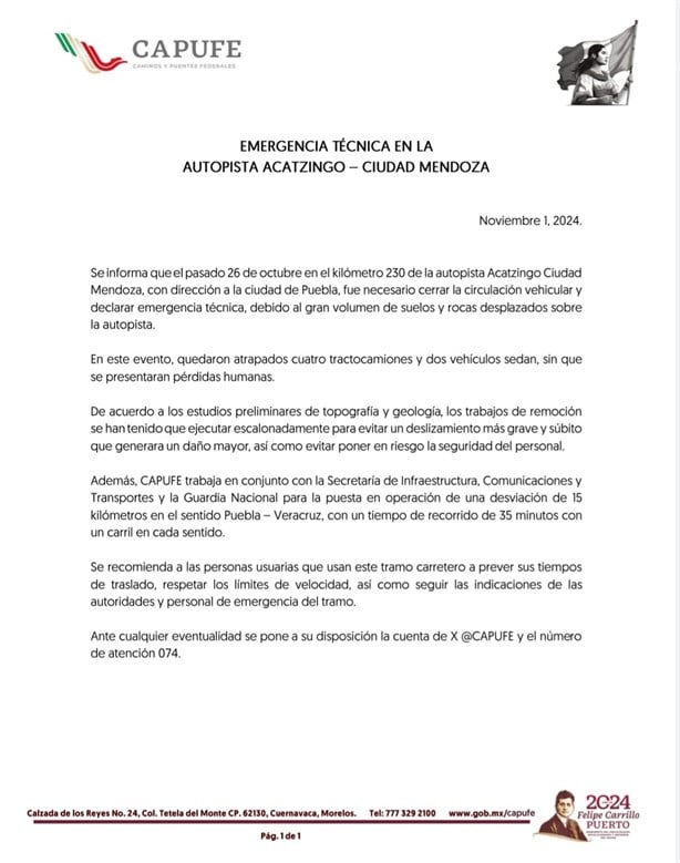 Este es el plan de Capufe para reabrir la circulación tras derrumbe en autopista Orizaba-Puebla