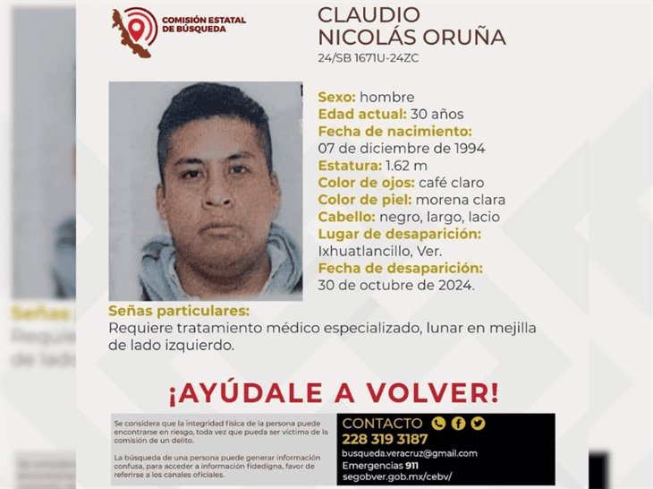 ¿Lo has visto?; Claudio, de 30 años, está desaparecido en Ixhuatlancillo