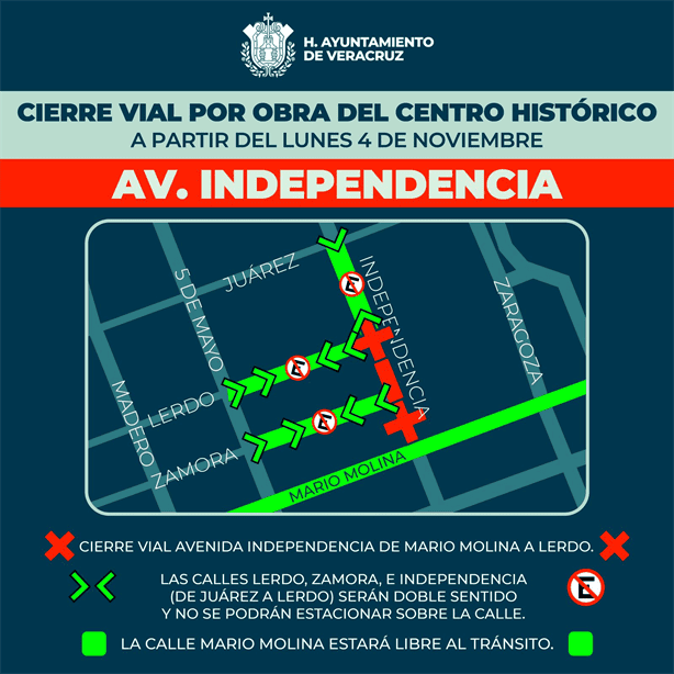 Anuncian cierre vial en Avenida Independencia de Veracruz por obras | Recomendaciones