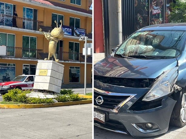 ¡Terminó como el burrito! En Orizaba, conductor se estampa contra la base de la estatua de Cri-Cri